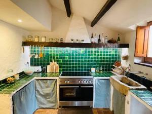- une cuisine carrelée de couleur verte avec cuisinière et évier dans l'établissement Cal Megui, 