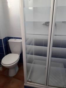 ein Bad mit einem WC und einer Glasdusche in der Unterkunft Banyuls La Grande Bleue : studio T1 in Banyuls-sur-Mer