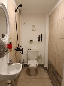 La salle de bains est pourvue de toilettes blanches et d'un lavabo. dans l'établissement Monoambiente Villa Crespo, à Buenos Aires