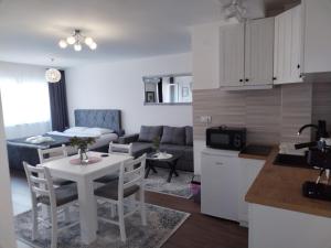 a kitchen and a living room with a table and a couch at Apartman 007 in Kragujevac
