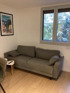 uma sala de estar com um sofá e duas janelas em Duplex Aiguille du Midi furnished flat em Chamonix-Mont-Blanc