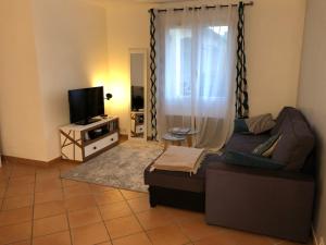 salon z kanapą i telewizorem w obiekcie Gîte « les rives de l’Ardèche » w mieście Ucel