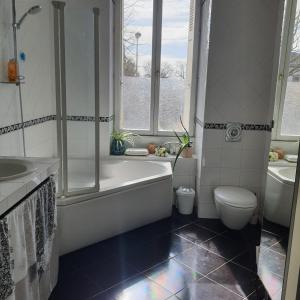 ein Badezimmer mit einer Badewanne, einem WC und einem Waschbecken in der Unterkunft VILLA DE SOUZA in Bouillé-Loretz