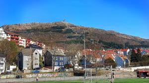 una città con una montagna sullo sfondo con case di Ibsens a Bergen