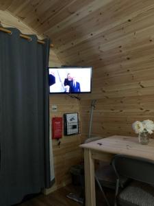 una habitación con TV en una cabaña de madera en Loch an Eilean Pod Isle of South Uist en Pollachar