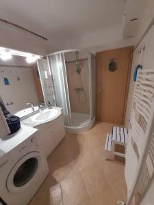 a bathroom with a sink and a washing machine at Victoria Wave Apartman in Balatonőszöd