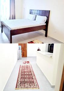 NYALI LUXURY APARTMENT في مومباسا: غرفة نوم مع سرير وسجادة على الأرض