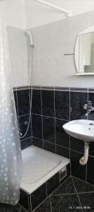 ein Badezimmer mit einer Dusche mit einer Bank neben einem Waschbecken in der Unterkunft Joksimović apartmani in Šušanj