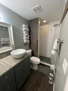 uma casa de banho com um lavatório, um WC e um chuveiro em Tiki bar house with pool -self checkin- em Bradenton