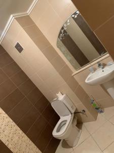 ein Badezimmer mit Toilette, Waschbecken und Spiegel in der Unterkunft Résidence ASSAFA 3 AGADIR Familiale in Agadir