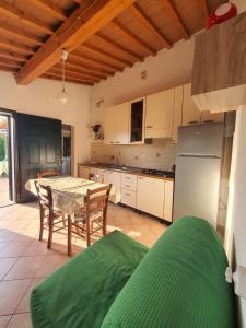 eine Küche mit einem Tisch und Stühlen sowie einem Kühlschrank in der Unterkunft Piccola casetta nel verde Mugello in Barberino di Mugello