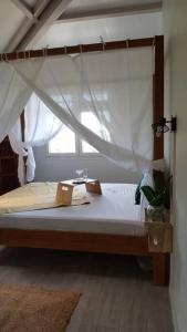 a bedroom with a bed with a canopy and a window at Le Cacaoyer in La Trinité