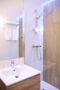 W łazience znajduje się biała umywalka i prysznic. w obiekcie Studio Chic Croix-Barbieux w mieście Croix