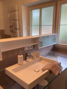 ein Bad mit einem Waschbecken und einem Spiegel in der Unterkunft Bayern Lodge Bergen in Bergen
