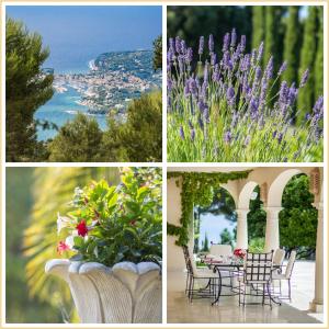 un collage de fotos con flores, mesa y sillas en The Unique Villa with Magnificent sea view, en Èze