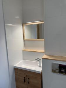 a bathroom with a sink and a mirror at Apartament Jeziorna in Ocypel