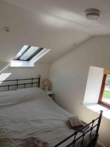 um quarto com uma cama e uma clarabóia em Creedy Meadow Barn em Crediton