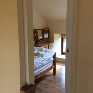 a bedroom with a bed with a dresser and a mirror at Creedy Meadow Barn in Crediton