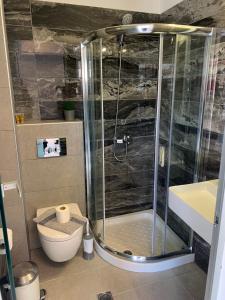 a shower stall in a bathroom with a toilet at petros house in Sarti