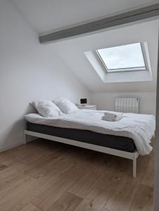 a white bedroom with a bed with a skylight at Le Vauban - appartement 2 chambres, salon, cuisine équipée, parking et wifi gratuit in Mulhouse