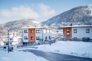 a town in the snow with buildings and mountains at Apart Jasmin in Flachau