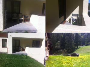 four pictures of a building with a chair in a yard at appartement au pied des pistes in Valmorel