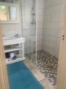 Un baño con ducha, lavabo y espejo. en Seafront house, en Swakopmund