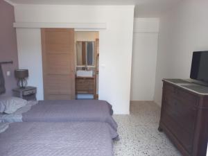 1 dormitorio con 1 cama y TV de pantalla plana en LA ROSE DES VENTS, en Le Pouget