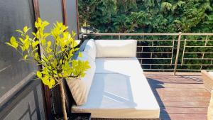 a white couch sitting on a balcony with a plant at Pod Świerkami in Boszkowo
