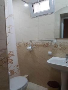 ein Badezimmer mit einem Waschbecken, einem WC und einem Spiegel in der Unterkunft Happy house in Chʼiva