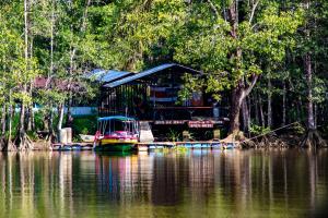 a house on a dock on a body of water at Oso de Osa in Sierpe