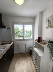 a kitchen with a sink and two windows at Appartement sans vis à vis à 2 min de la rocade in Rennes