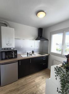 a kitchen with a sink and a microwave at Appartement sans vis à vis à 2 min de la rocade in Rennes