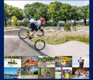 un collage de fotos de un hombre montando una bicicleta en un parque de patinaje en Chalet te huur op *****camping Terspegelt 4 personen, en Eersel