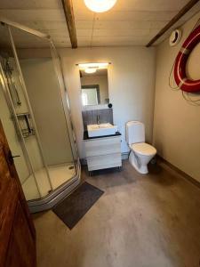 uma casa de banho com um chuveiro, um WC e um lavatório. em Öja em Ystad