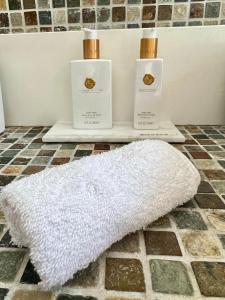 due bottiglie di shampoo e un tappeto bianco sul pavimento del bagno di Villa Hacienda 4 a Cap Malheureux