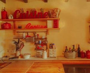 kuchnia z półkami na ścianie z blatem w obiekcie Ebro Wellness Molino (Rural Island) 