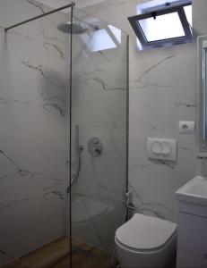 La salle de bains est pourvue d'une douche, de toilettes et d'un lavabo. dans l'établissement Sunset Cottage 1, à Ksamil