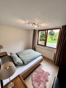 a bedroom with a bed with a window and a rug at Walensee Apartment, Lakeside Dream in Unterterzen
