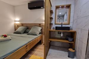 1 dormitorio con cama, espejo y lavamanos en Appartement les petits Baobabs 2 en Mamoudzou