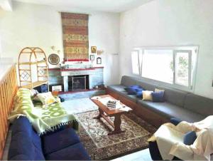 ein Wohnzimmer mit einem blauen Sofa und einem Kamin in der Unterkunft Peaceful cottage with incredible panoramic view 