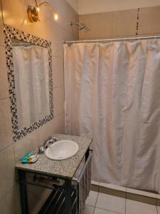 a bathroom with a sink and a shower curtain at El Palomar Misiones 6574 in El Palomar