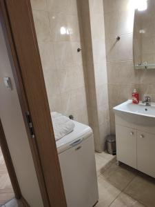 a small bathroom with a sink and a toilet at Zielony Żoliborz in Warsaw