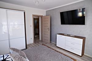 a living room with a flat screen tv on a wall at Apartamenty i Pokoje Gościnne nad Soliną Drozdówka in Solina