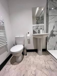 a bathroom with a toilet and a sink at Maxwell's Corner, Modern Coastal Apartment in North Shields