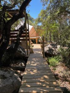 a wooden walkway leading to a house in a forest at CORSICA NATURA #1 in Coti-Chiavari