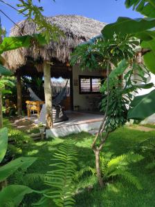 une maison avec un toit de chaume et une cour dans l'établissement Chill Kite - Icaraí Kite Village, à Icaraí