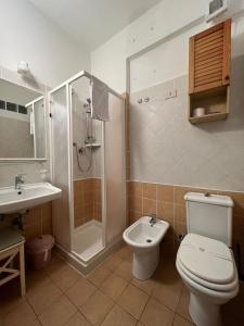 a bathroom with a toilet and a shower and a sink at dreamingrooms in Riomaggiore