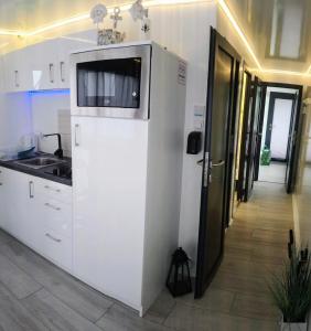 a kitchen with a white refrigerator and a sink at ARKA 1 domki na wodzie w Mielnie, rower wodny, bezpłatny WIFI, Parking in Mielno +61 photos