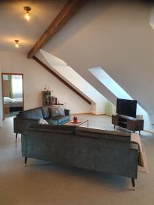 a living room with a couch and a tv at Gutshof Seenland in Seekirchen am Wallersee